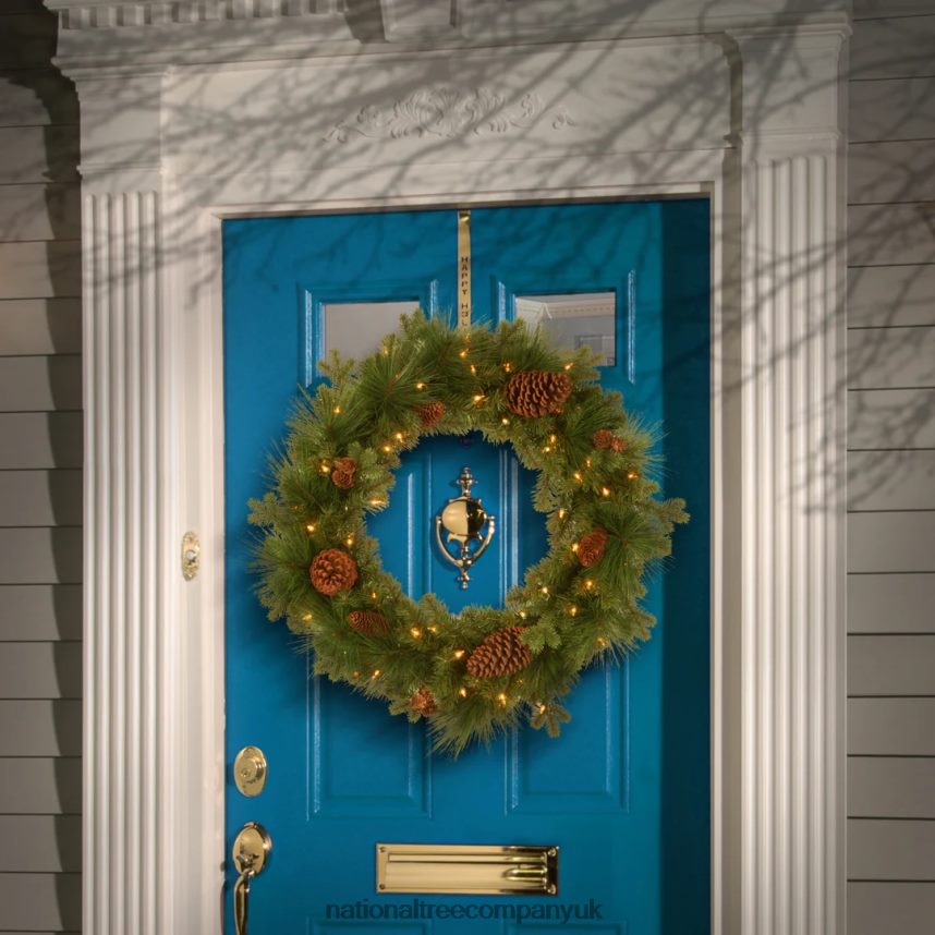 Greenery | National Tree Company Pre-Lit Artificial Christmas Wreath Green Eastwood Spruce White Lights Decorated with Pine Cones Christmas Collection 24 Inches F2L4F263